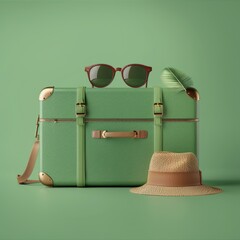 A suitcase for summer travel on a green background, a straw hat, a vacation planning concept with luggage and accessories.