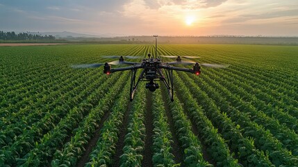 Drone over farm fields at sunrise. Aerial view of agriculture landscape, rows of crops