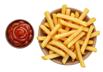 Top view golden french fries served brown bowl alongside ketchup dipping sauce isolated white background. Crispy potato fries perfect fast food snack or side dish. Classic fries everyone loves.