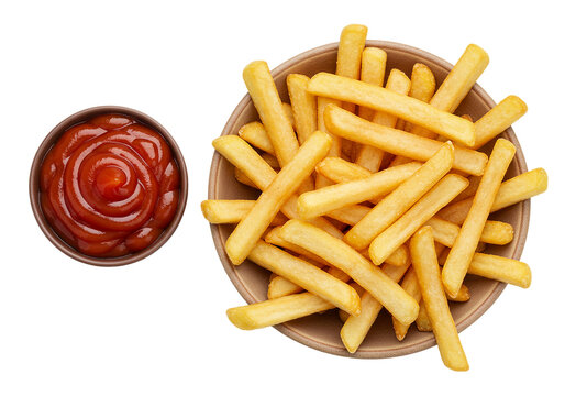 Top view golden french fries served brown bowl alongside ketchup dipping sauce isolated white background. Crispy potato fries perfect fast food snack or side dish. Classic fries everyone loves.