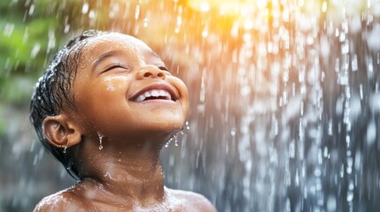Fototapeta premium A young child stands under a gentle stream of water, joyfully tilting their face upwards as sunlight creates a sparkling effect with the droplets