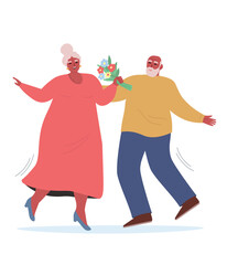 Elderly African couple positive, dancing, enjoying life. Man giving flowers to woman. Active old age. Vector flat graphics.