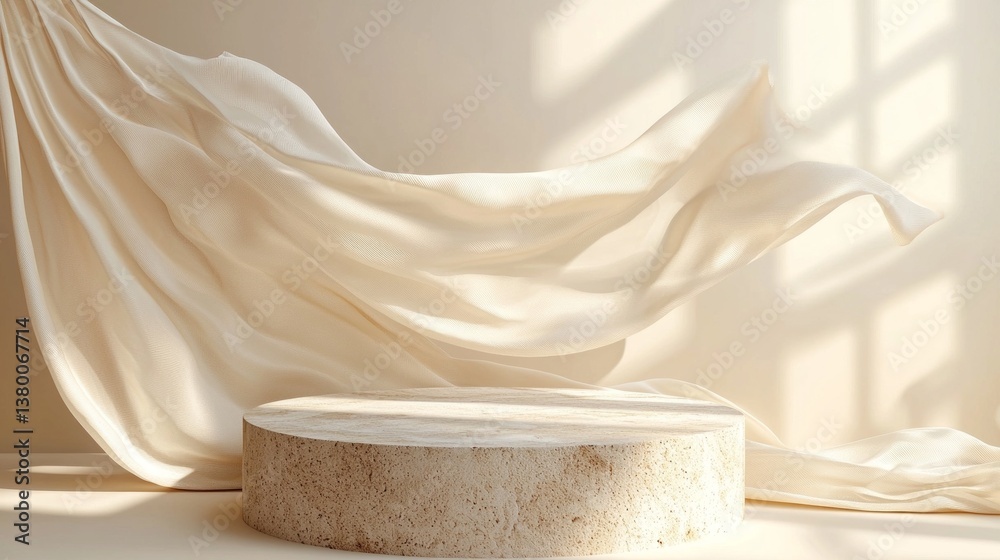 Poster a serene composition features a textured stone podium paired with delicate satin fabric that gracefu