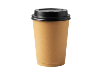 Takeaway paper coffee cup black lid isolated white background. Perfect takeaway container hot drinks like coffee tea. Convenient takeaway option for cafes coffee shops