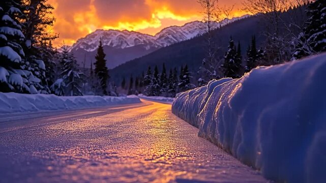 Winter sunrise on snowy mountain road, scenic landscape, peaceful