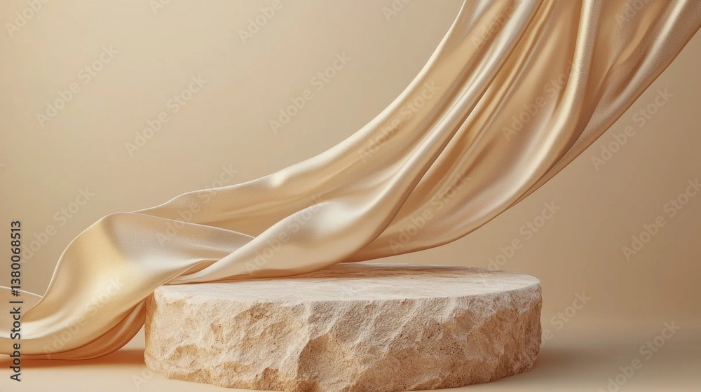 Poster a smooth satin fabric elegantly floats above a textured stone podium, reflecting soft light and cast
