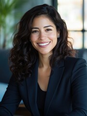 Fototapeta premium A young, attractive female wearing a suit and smiling warmly at the camera.
