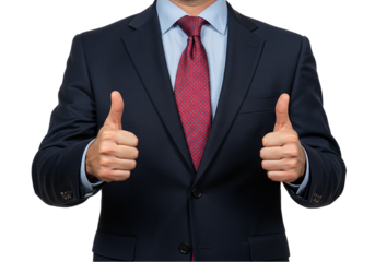 Businessman in formal suit showing double thumbs up gesture, clear sign positive agreement success. Executive demonstrating corporate approval, excellent job feedback, strong approval for results 