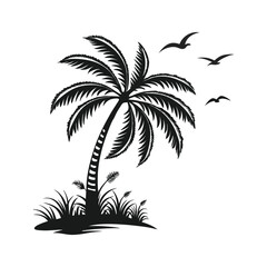 Tropical Palm Tree Silhouette with Flying Birds
