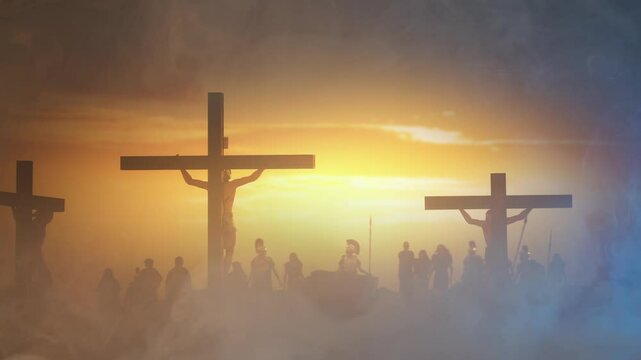 Golgotha crucifixion of Jesus Christ, large crowd watching the crucifixion 3D render
