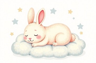 Cute sleeping bunny resting on a fluffy cloud under twinkling stars in a peaceful night setting
