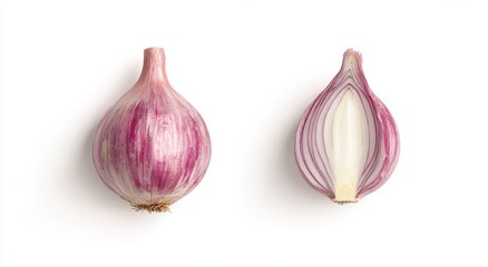 Fresh Red Onions: Whole and halved red onions showcase their vibrant color and internal layers, offering a captivating culinary detail.