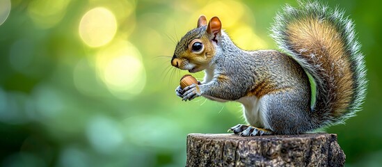 Obraz premium A grey squirrel sitting on a tree stump is holding a nut