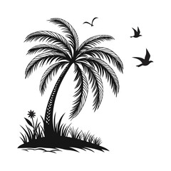 Obraz premium Tropical Palm Tree Silhouette with Flying Birds