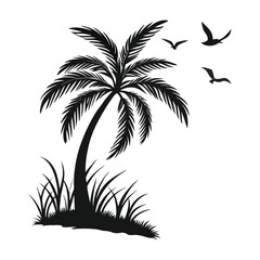 Obraz premium Tropical Palm Tree Silhouette with Flying Birds