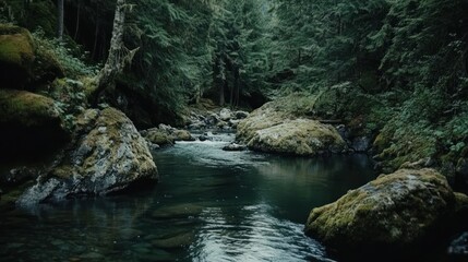 A lush forest river flows among moss covered rocks