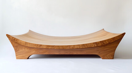 A wooden bench with a curved back and a long, narrow seat