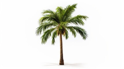 A single palm tree stands tall with lush green leaves reaching outward. The stark white background enhances the tropical feel, highlighting the tree's vibrant foliage and slender trunk