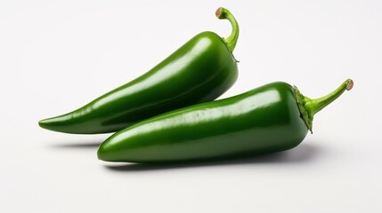 Two fresh green jalapenos rest on a clean white background, highlighting their glossy exterior and unique shapes. Ideal for culinary uses and spicy dishes