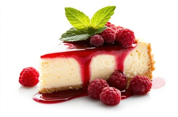 A Slice of Paradise: Indulge in the creamy allure of a cheesecake slice, beautifully adorned with vibrant raspberries and a luscious, ruby-red sauce, garnished with fresh mint leaves.