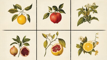 Vintage botanical fruit illustrations set with apple lemon pomegranate citrus flowers and leaves on light background