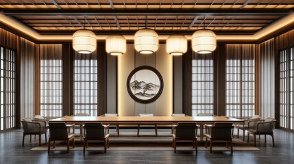 Elegant Asian-inspired conference room with natural light and round lanterns.
