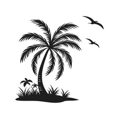 Tropical Palm Tree Silhouette with Flying Birds