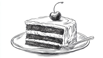 Hand drawn sketch of a slice of layered cake with cherry topping on a plate and spoon in monochrome style