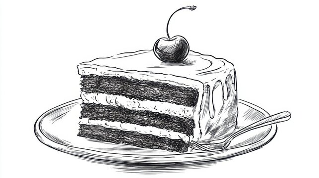 Hand drawn sketch of a slice of layered cake with cherry topping on a plate and spoon in monochrome style