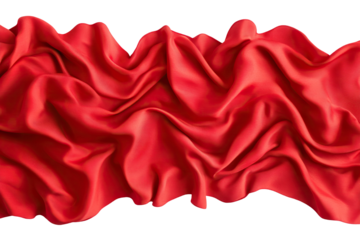 Elegant red silk fabric draped in folds, isolated on transparent cutout background