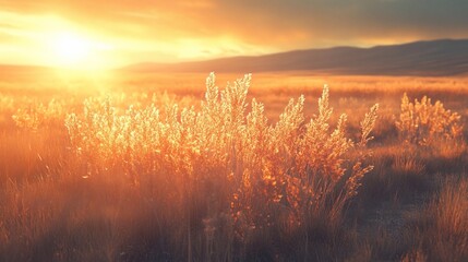 Sunset lights prairie grass. Mountains and hazy sky are background