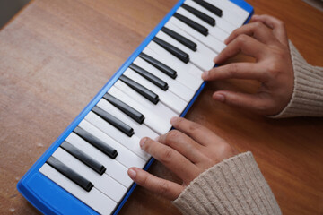 Fototapeta premium Anonymous woman playing pianica, melodica blow organ