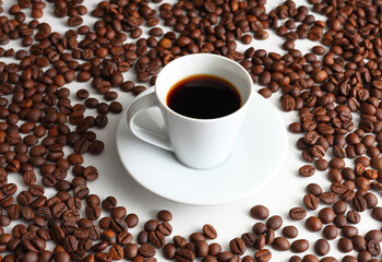 Freshly Brewed Coffee and Roasted Beans on a Crisp White Background