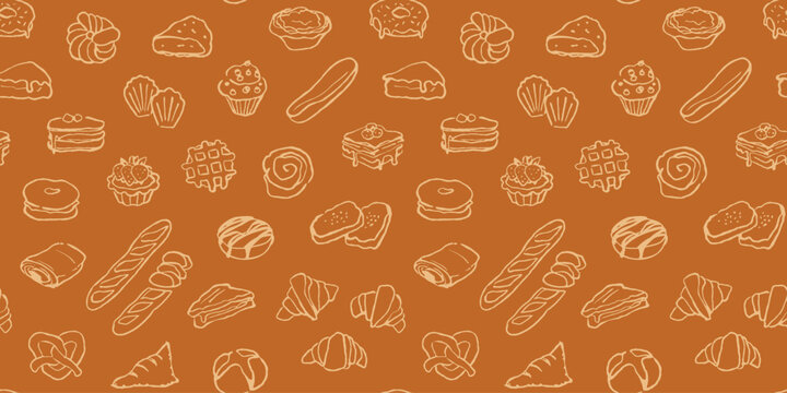 Hand drawn bakery seamless pattern background.