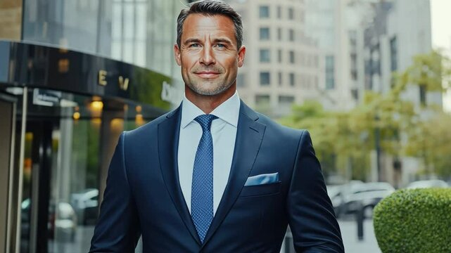 A refined businessman in a navy blue suit, confidently walking past a five-star hotel entrance.