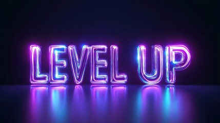Futuristic glowing level up text in purple neon style with reflections on dark surface, gaming motivation art