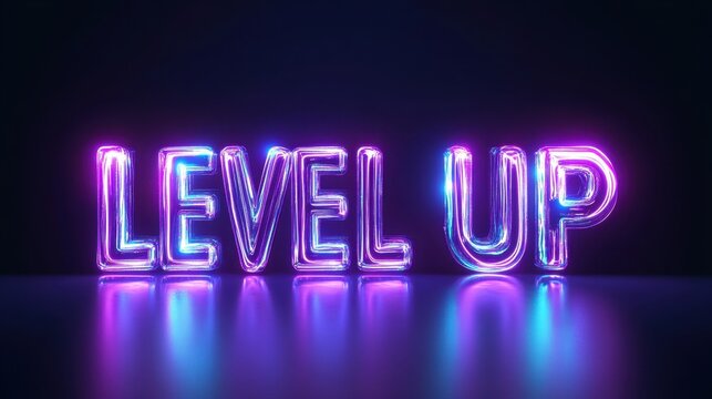 Futuristic glowing level up text in purple neon style with reflections on dark surface, gaming motivation art