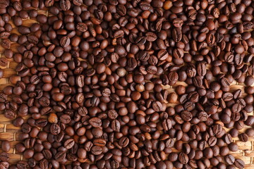 Top View of Roasted Coffee Beans on Wooden Surface for Food Concept
