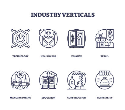 Industry verticals are depicted with icons for technology, healthcare, finance. Outline icons set.