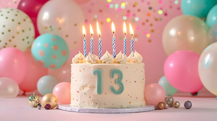 Teen's 13th birthday cake, balloons, confetti