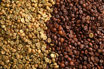 Close-Up View Showing the Difference Between Green and Roasted Coffee Beans