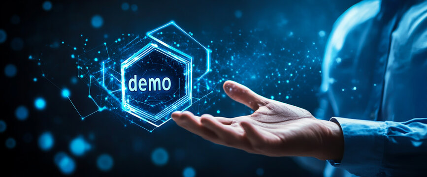 Businessman holding a virtual hexagon shield with the word demo on a blue background