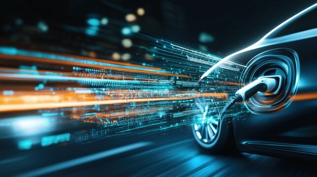 Electric vehicle charging futuristic city high-tech car digital energy flow urban nightscape dynamic perspective
