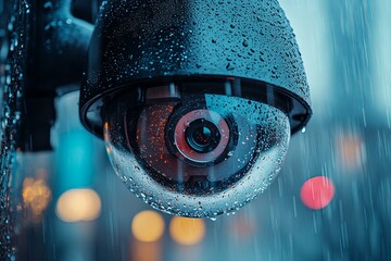 A close up of a security camera in rainy weather