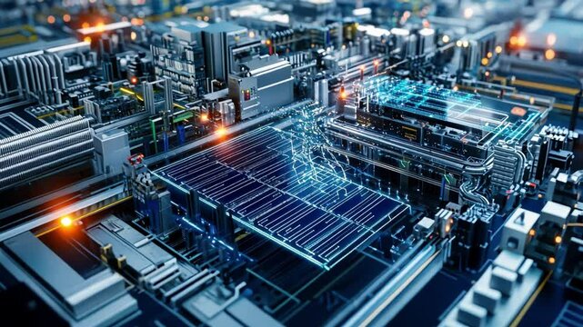 A smart energy factory with AI-powered solar panels and wind turbines integrated into the industrial system.