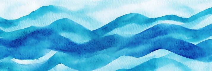 Blue green watercolor pattern with wavy stripes. Abstract water surface. Flow. Artistic background, backdrop with copy space for design. Wide banner. Panoramic

