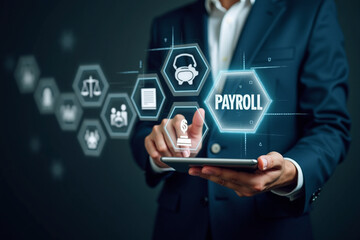 Payroll Management and Financial Processing System. Businessman works on payroll management with icons for payment, efficient payroll operations and employee salaries, scheduling, analysis finance.