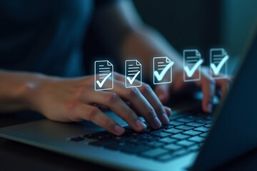 Businessman checking the steps through document with a list of checkboxes , regulations,Concepts of practices and policies ,Rules and policies ,Terms and conditions ,corporate governance documents.