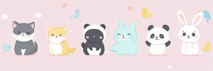 Obraz premium Cute cartoon animal sticker pack featuring cats, dogs, bunnies, pandas, and birds on a pastel background perfect for decoration