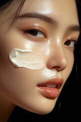 Close-up of a young Asian woman's face with a gentle smile, the texture of a moisturizing white cream is clearly visible on her cheek, radiant skin.